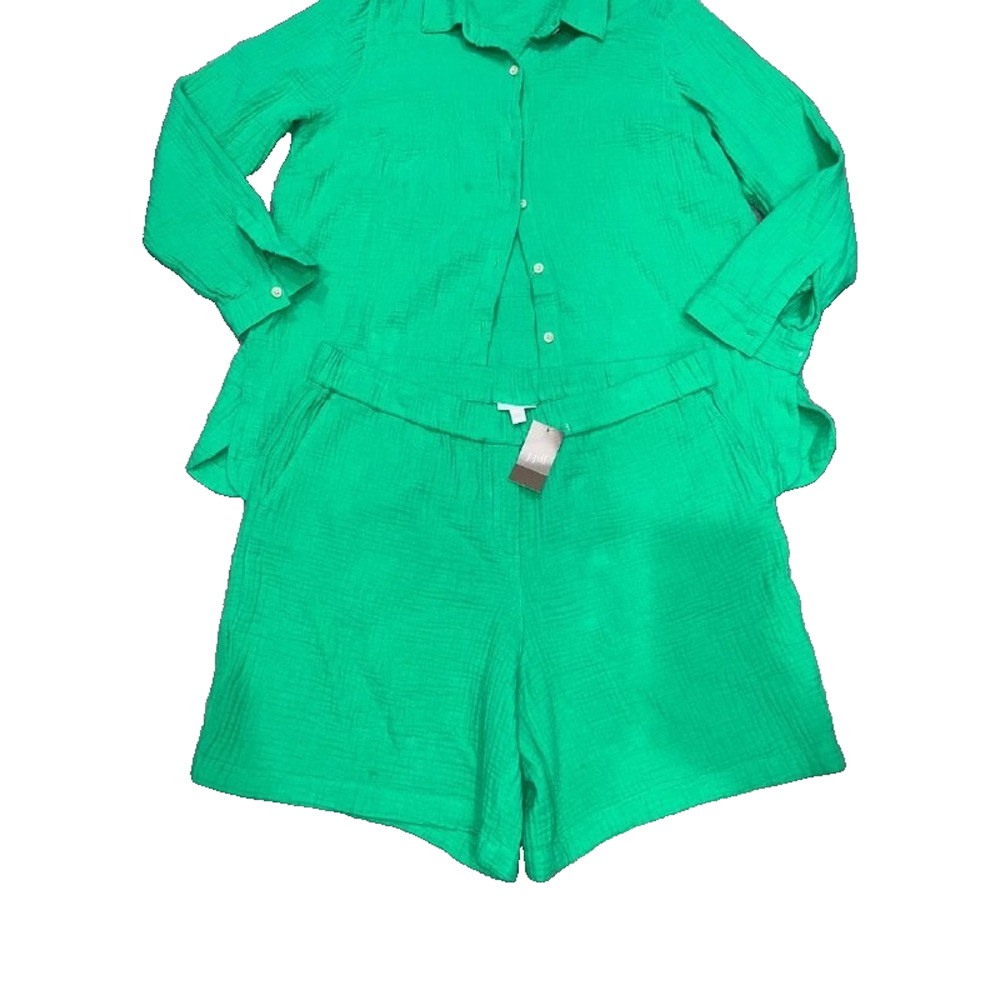 J. Jill Green Papay Cotton Gauze Button Down Y2K Shirt shorts Set M/L A005403 - Picture 3 of 13